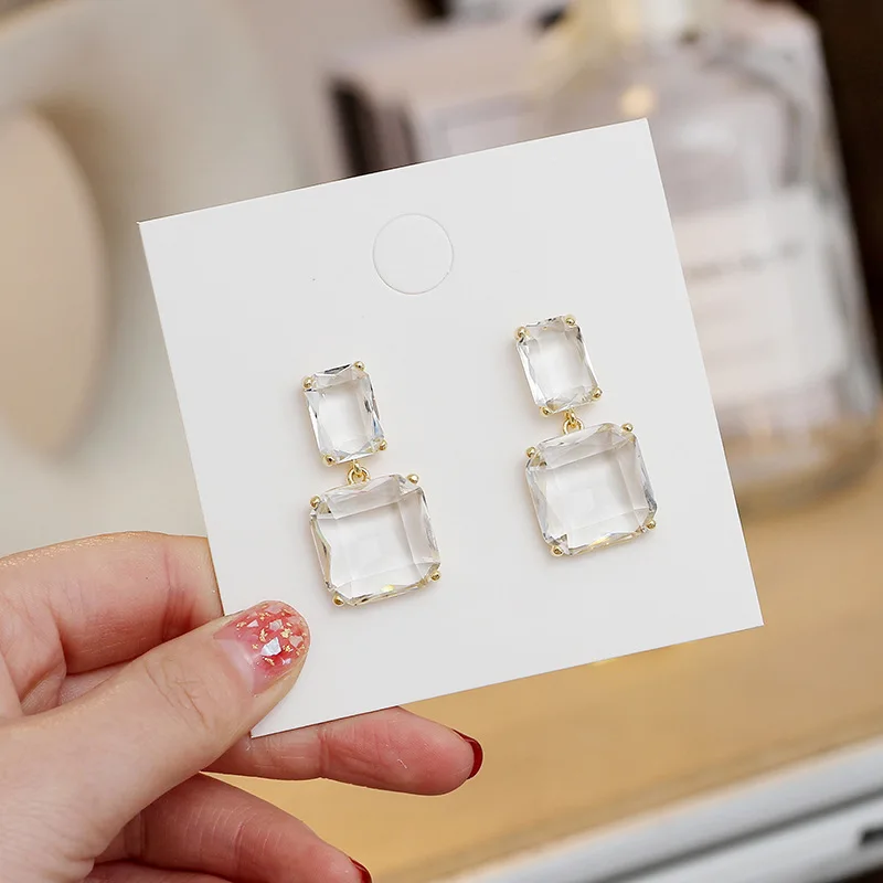 

Double Square Earrings For Women Luxury Transparent Glass Crystal Gold Silvery Needle Eardrop Korean New Design Fashion Jewelry