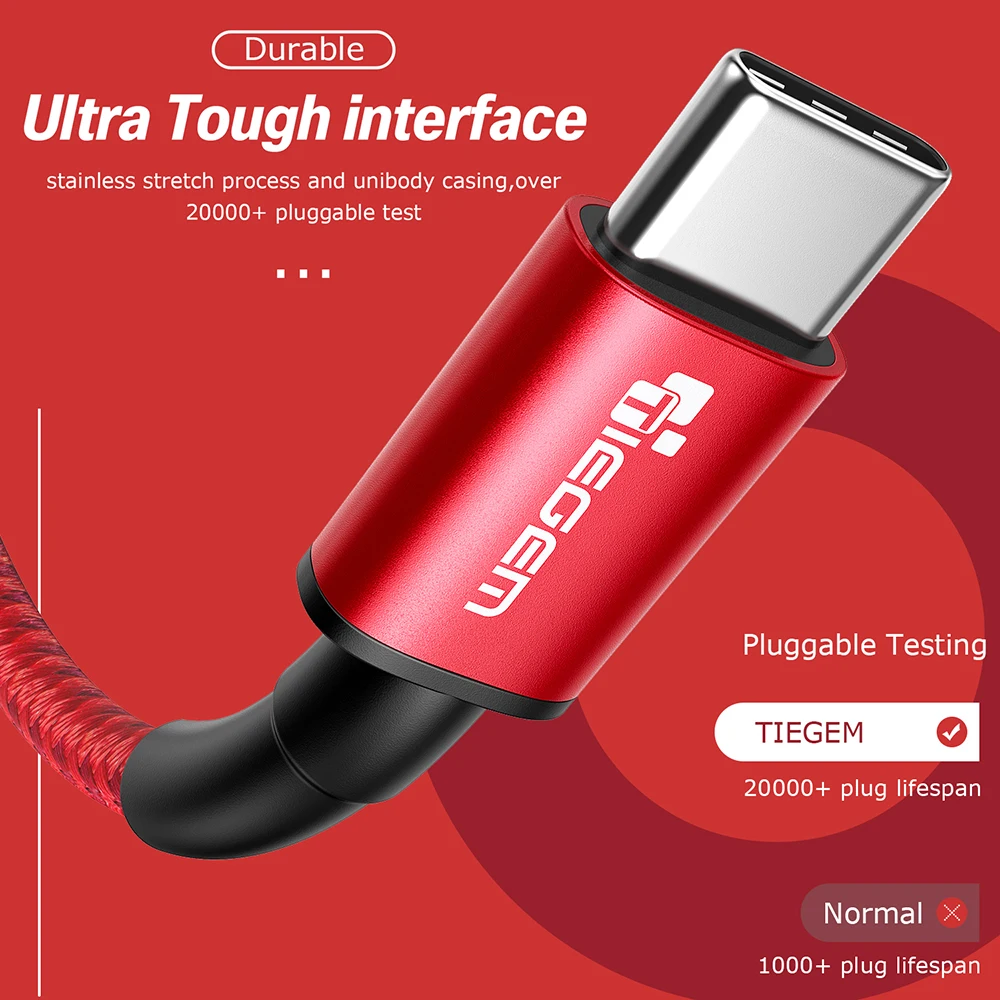 Нейлоновый usb кабель Tiegem 3A Type C для Samsung Galaxy S9 S8 быстрой зарядки и передачи данных