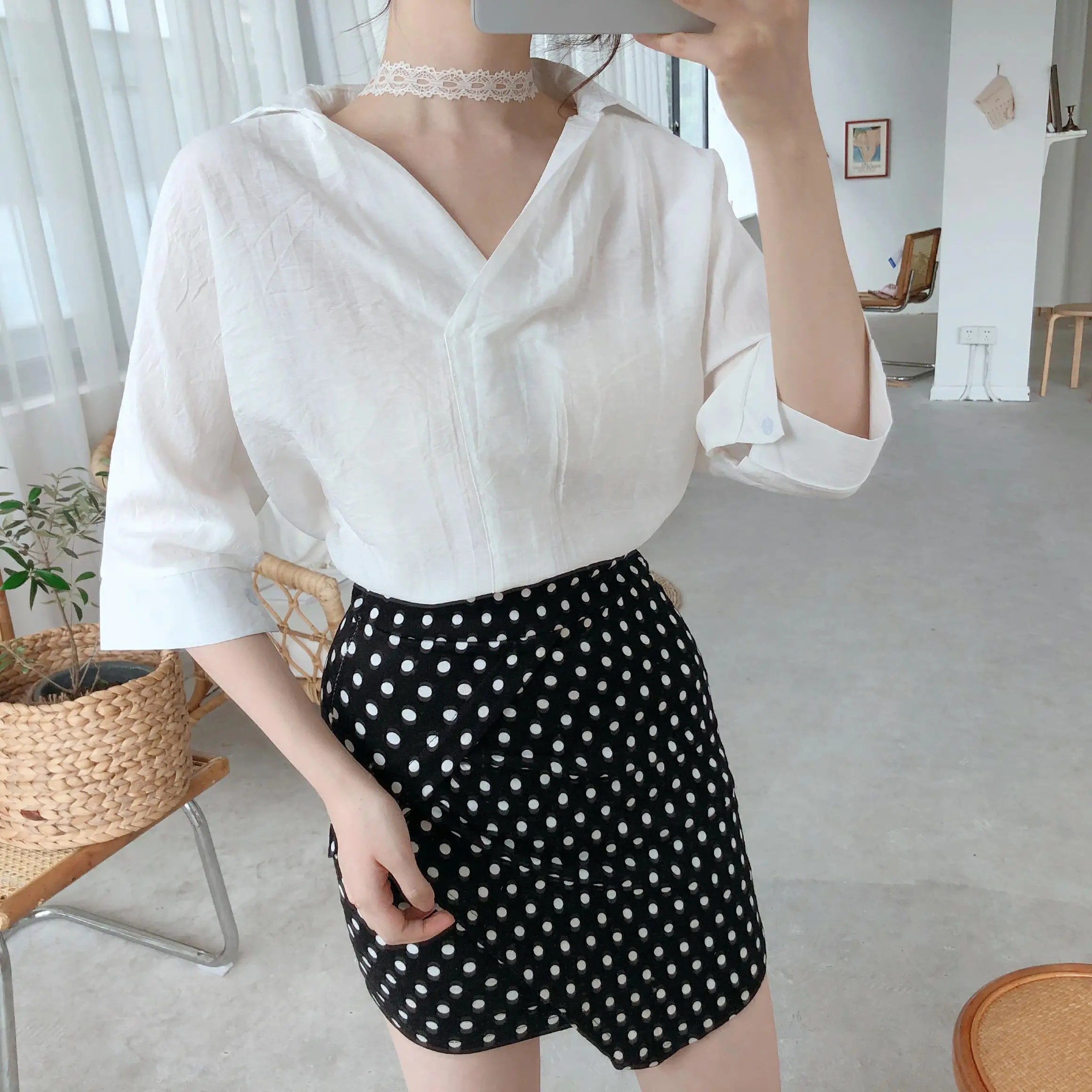 Женская блузка Lychee с глубоким V образным вырезом и кружевным воротником женская