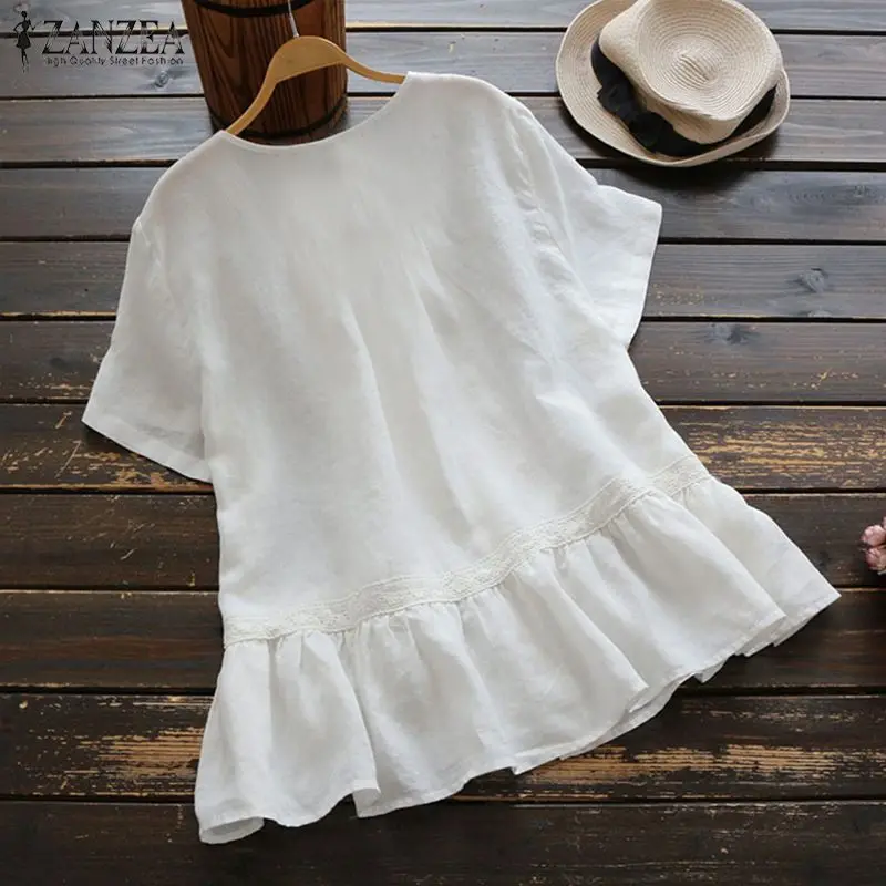 ZANZEA 2021 Summer Vintage Tops Women Short Sleeve Ruffles Blouse Casual Buttons Down Solid Shirt Femme Lace Blusas Top | Женская одежда