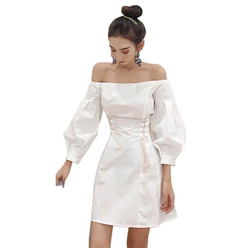 Hubble-bubble Sleeve Dress Woman Autumn Clothing New Pattern Korean Bandage White Short Dresses | Женская одежда
