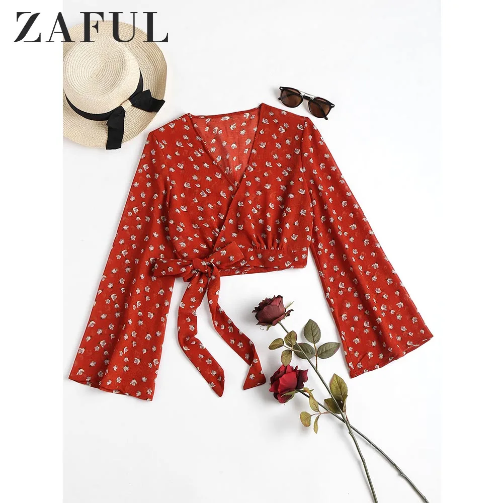 ZAFUL Укороченный укороченный топ с цветочным принтом и V образным вырезом