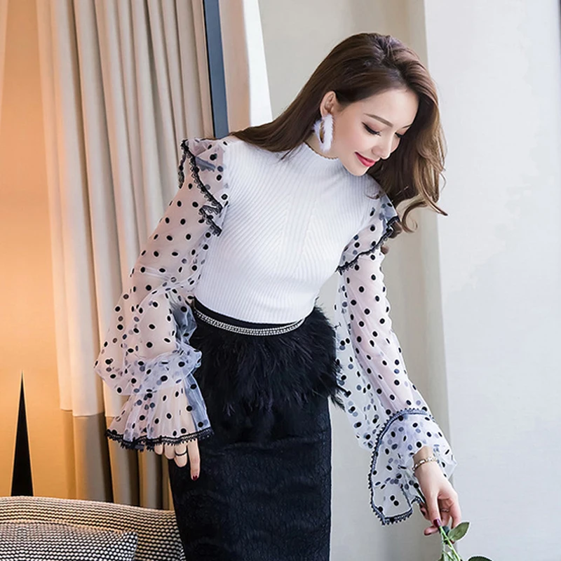 

OXANT Women's Sweater 2019 Autumn Winter New Original Design of Fashion Point Mesh Sleeve Blouse Thin Sweater Winter Clothes