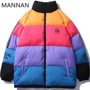 Зимняя куртка MANNAN, мужские зимние парки, теплая Толстая куртка, ветровка, уличная одежда в стиле Харадзюку, пальто с разноцветными вставками радуги