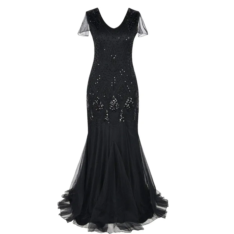 Женское платье 1920s Great Gatsby длинное 20 s винтажное с v образным вырезом и коротким