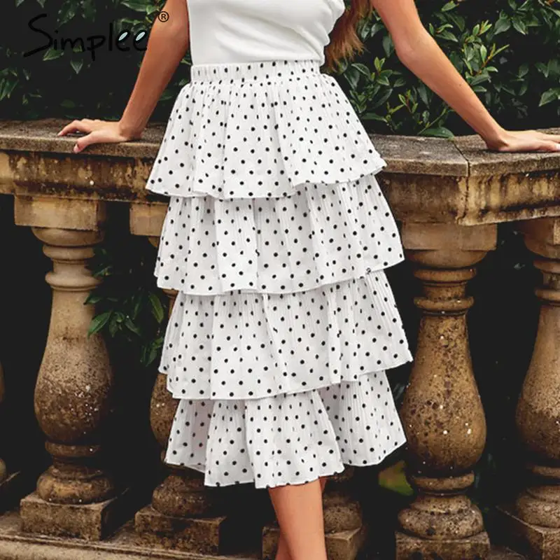 женская белая юбка Simplee в горошек многослойная эластичная миди стрейч с высокой