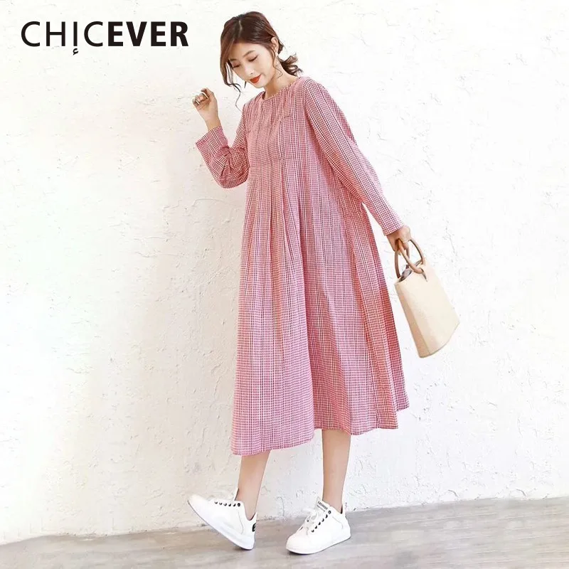 CHICEVER весеннее клетчатое платье для женщин с О образным вырезом длинным рукавом