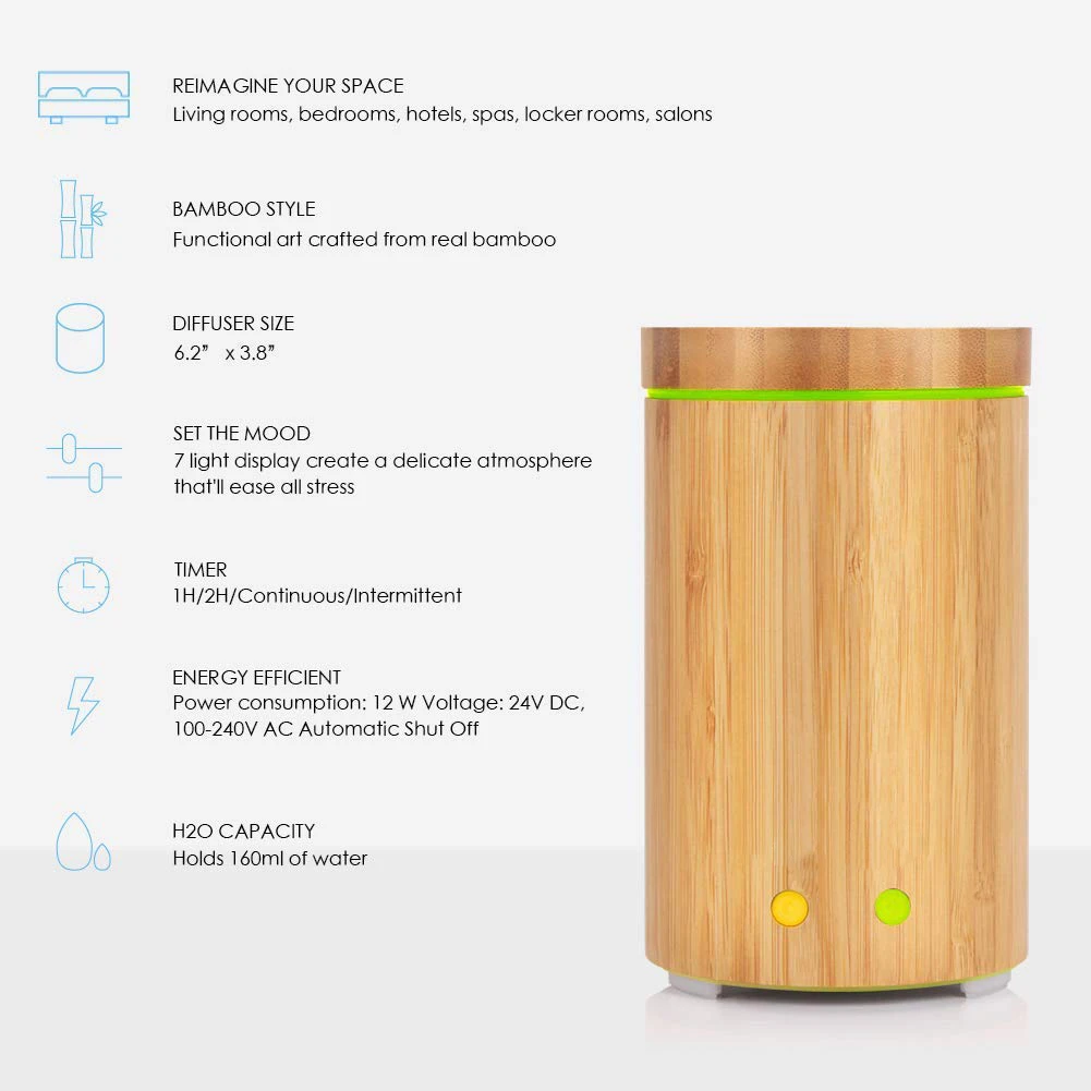 160ml Waterless Essential Oil Diffuser Real Bamboo Ultrasonic Aromatherapy Diffusers With 7 LED Colorful Lights | Бытовая техника