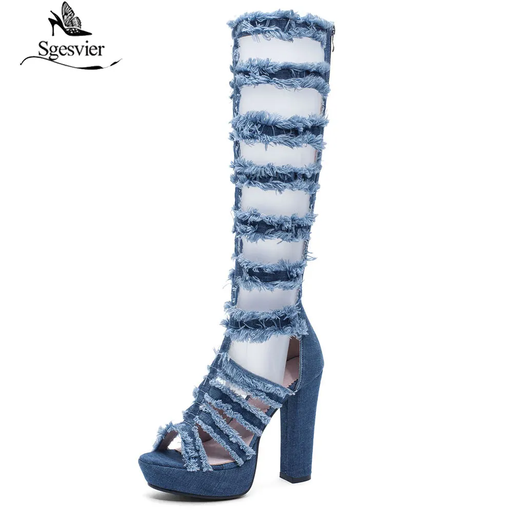 

Sgesvier 2019 hot sale knee high boots women denim summer boots high heels platform shoes hollow out punk prom boots female G325