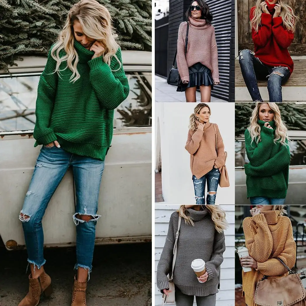 New Fashion Women Knitted Turtle Neck Long None Casual Sleeve Solid Pullover Loose Hip Length Sexy Sweater | Женская одежда