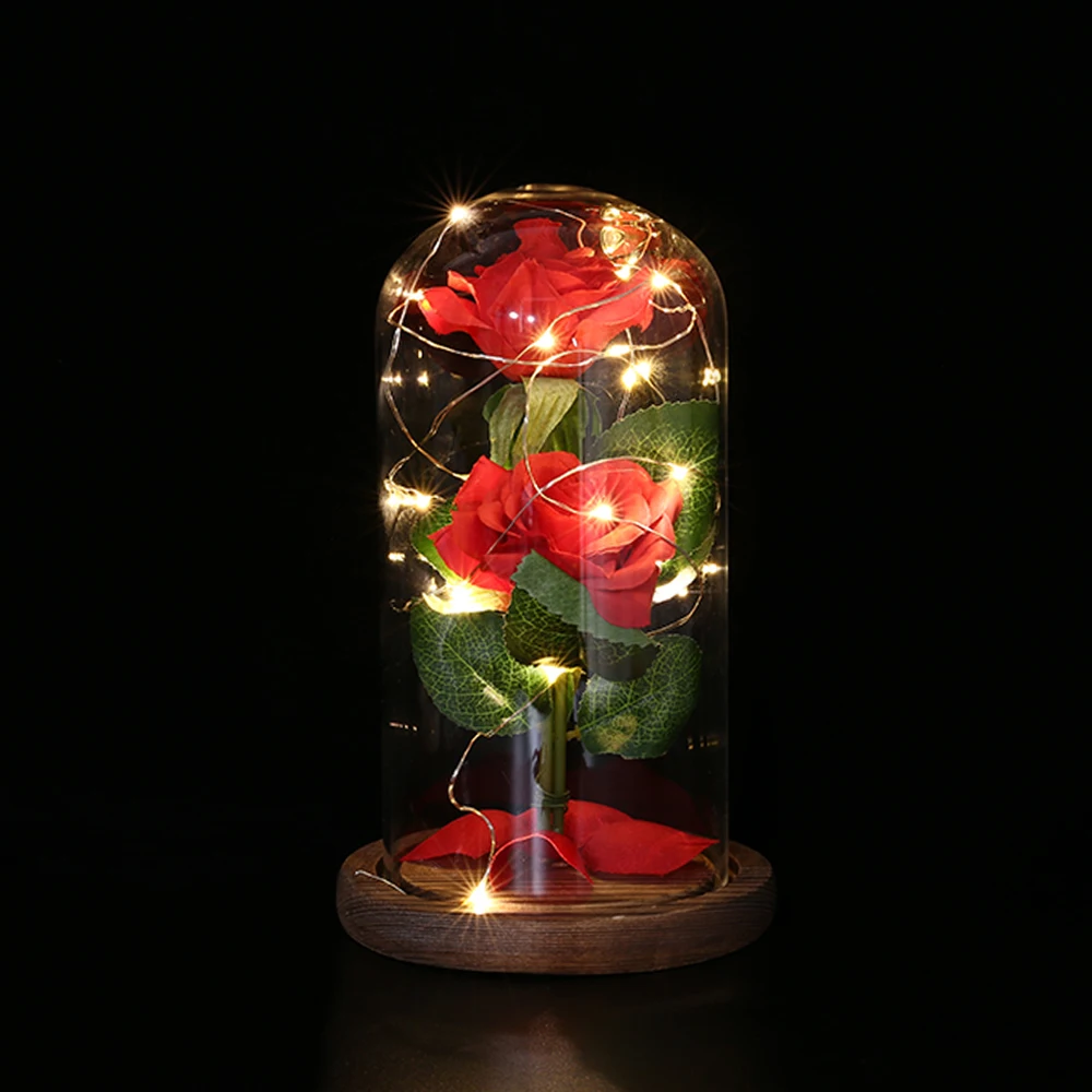LED Beauty And The Beast красная роза со стеклянным покрытием на деревянной базе батарейках
