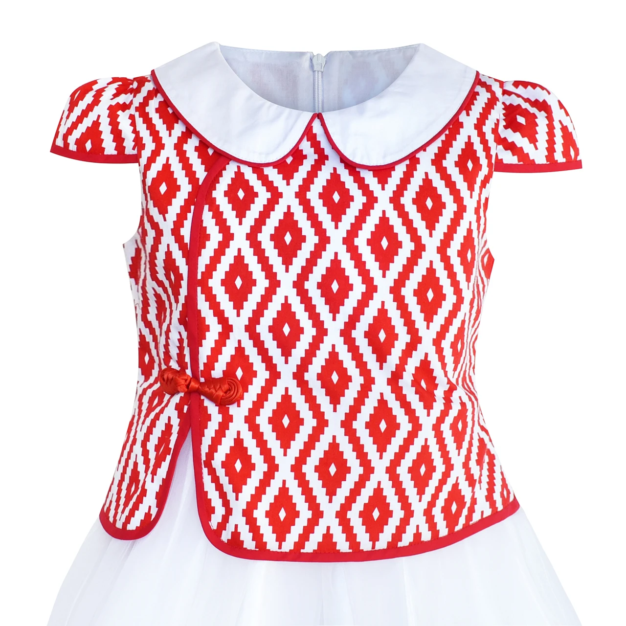 Sunny Fashion платья для девочек платье 2-в-1 красный Плед Белый воротничок Тюль 2020 Лето