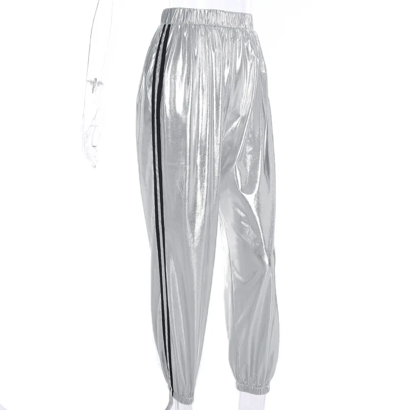 Spring Autumn Fashion New Silver Hip Hop Pants Women Joggers Sweatpants Women's Leather Side Stripe Long Running Sports Pants