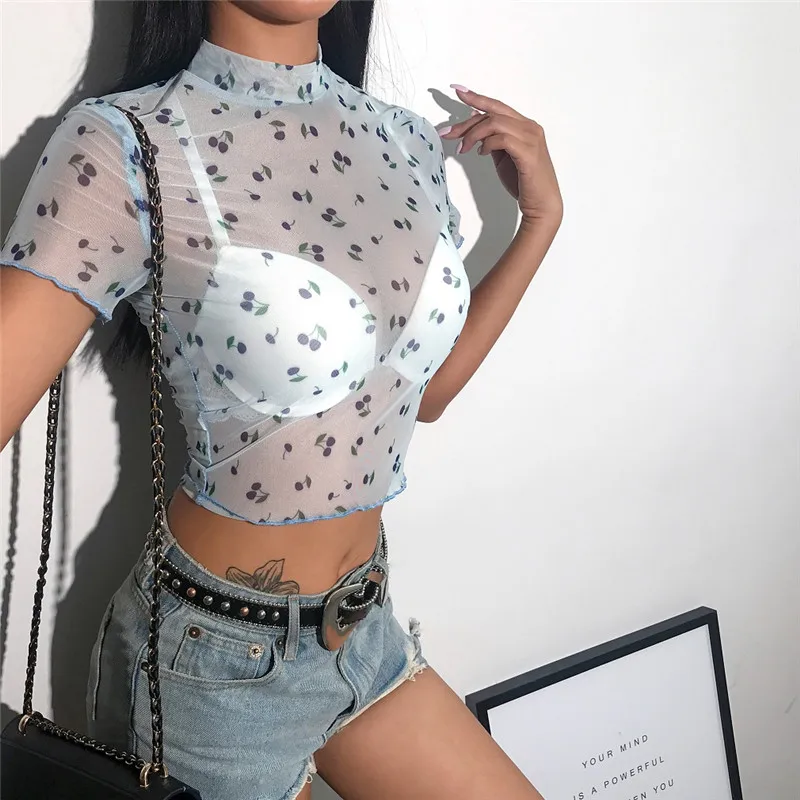Пикантная прозрачная Сетчатая футболка для женщин женский укороченный топ блуза