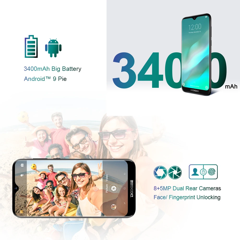 Смартфон DOOGEE Y8 Android 9 0 FDD LTE 6 1 дюйма 19:9 LTPS экран MTK6739 3 Гб RAM 16 ГБ ROM 3400 мАч две sim карты