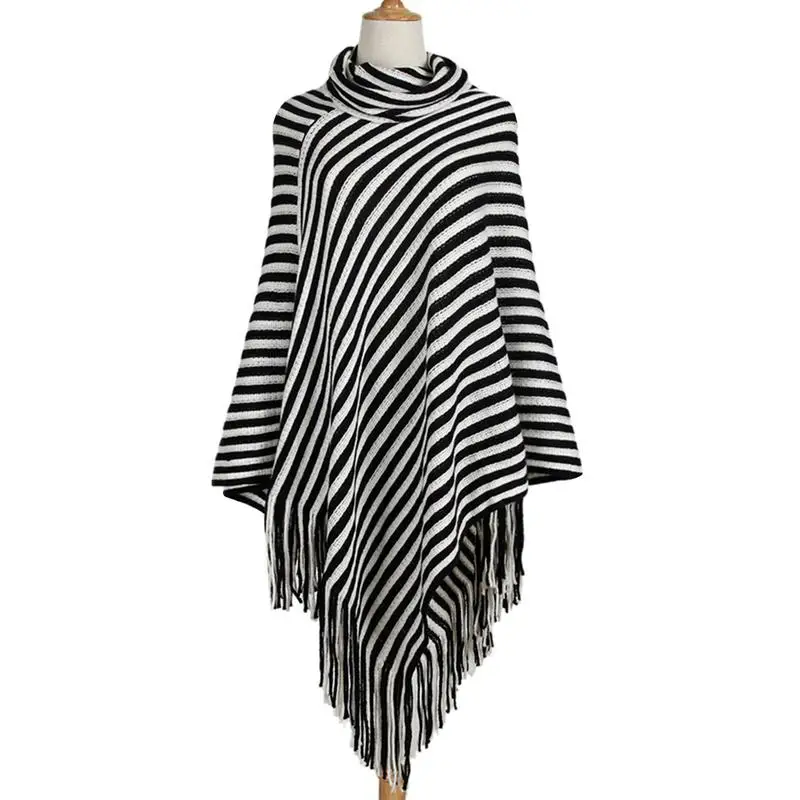 Горячая продажа пончо с бахромой дизайн стиль полосатый шарф высоким воротником