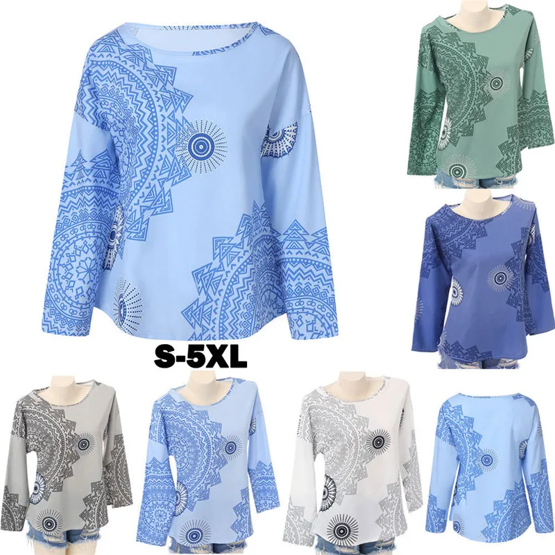 S 5XL Большие размеры женские рубашки с принтом Boho Топы модный длинный рукав