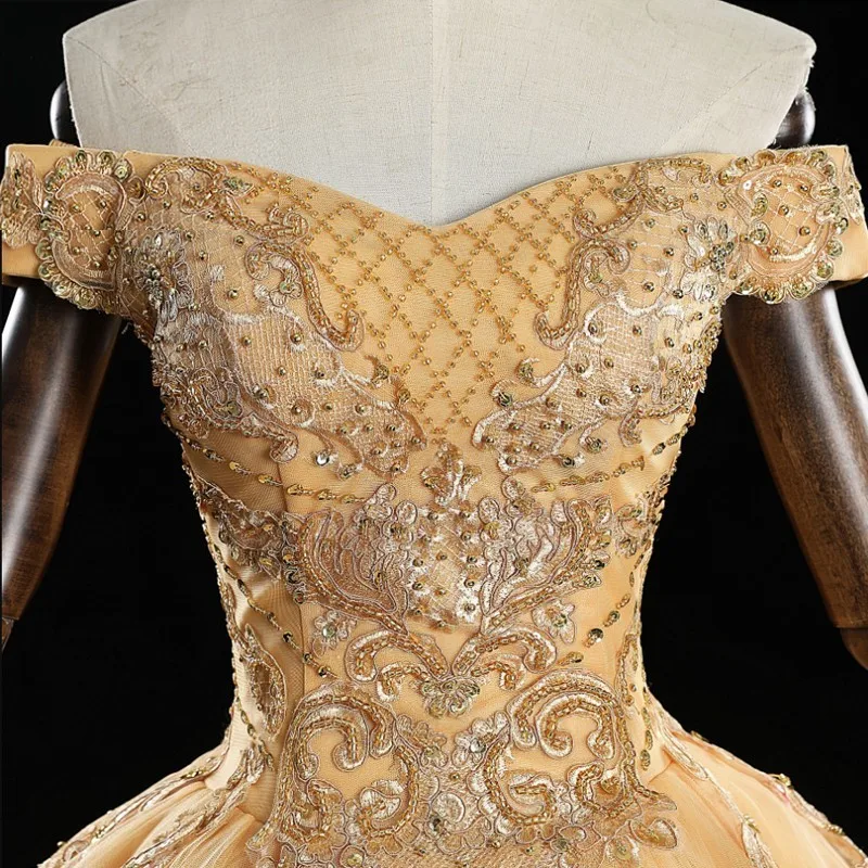 Роскошное Золотое бальное платье принцессы Quinceanera милые платья с открытыми