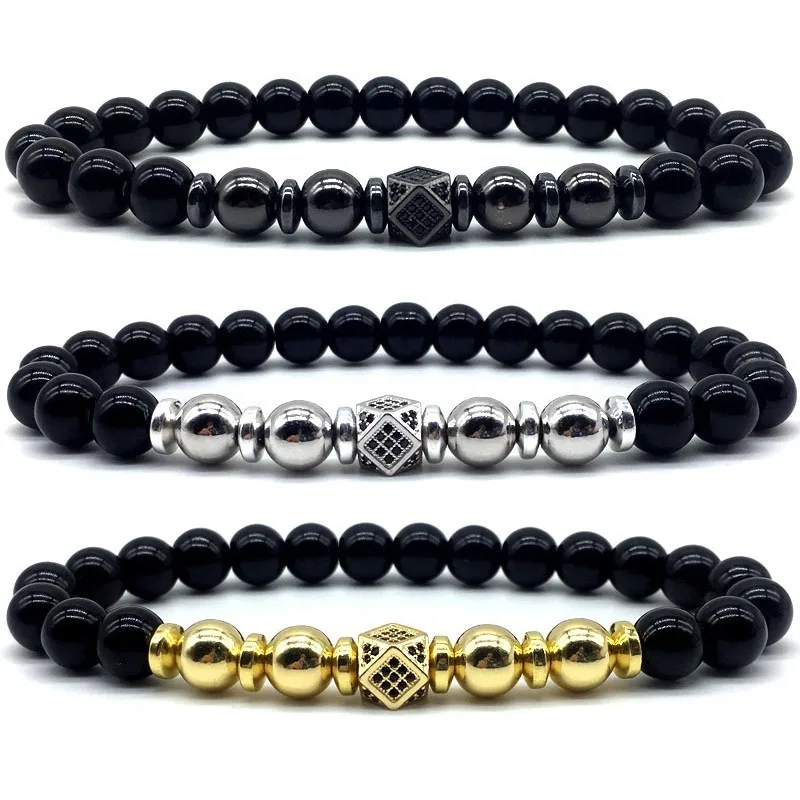 

Charm stone Bracelet Men Fashion Design Pava CZ rhombus Handmade Copper beads Strand Bracelets For Men Jewelry Pulseira Hombres