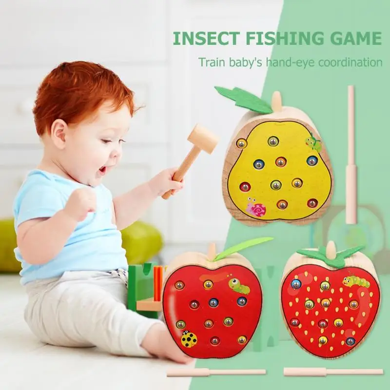 New Type Baby Wooden Toys 3D Puzzle Early Childhood Educational Catch Worm Game Color Cognitive Magnetic Toy for Children | Игрушки и