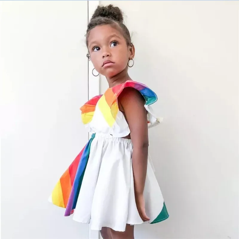 1-5Y Fashion Girls Princess colorful rainbow bodysuit Dress cotton kids dresses for girls Party Pageant Back Bow Tutu Dresses | Детская