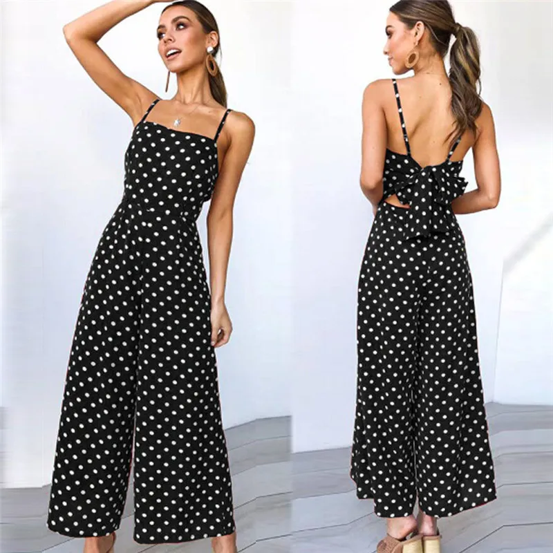 2019 Fashion Women Jumpsuit Sleeveless Dot Summer Romper Wide Leg Trousers Womens V-neck Casual Clubwear Outfits | Женская одежда