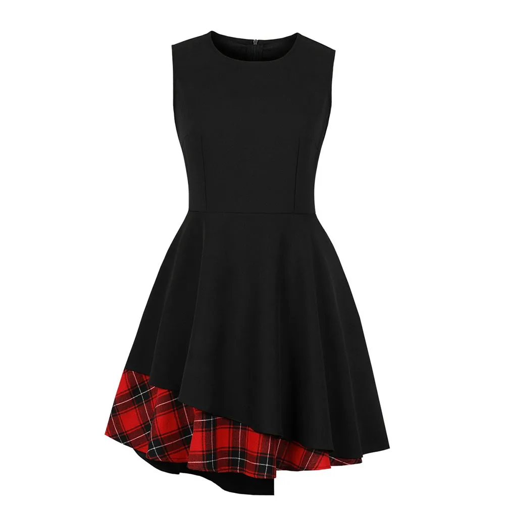 Vintage Dresses Women Patchwork Plaid Asymmetric Hem Elegant Club Casual Black Street Rockabilly Swing Chic Female Sexy Dress | Женская