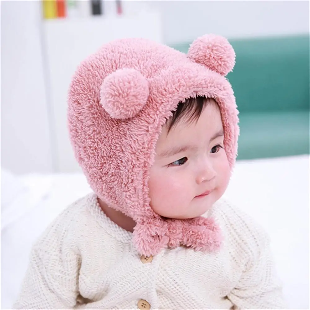 2018 Boys and Girls Autumn Winter Hat Baby Earmuffs Bear Head Cap Children's Double Ball Plush |