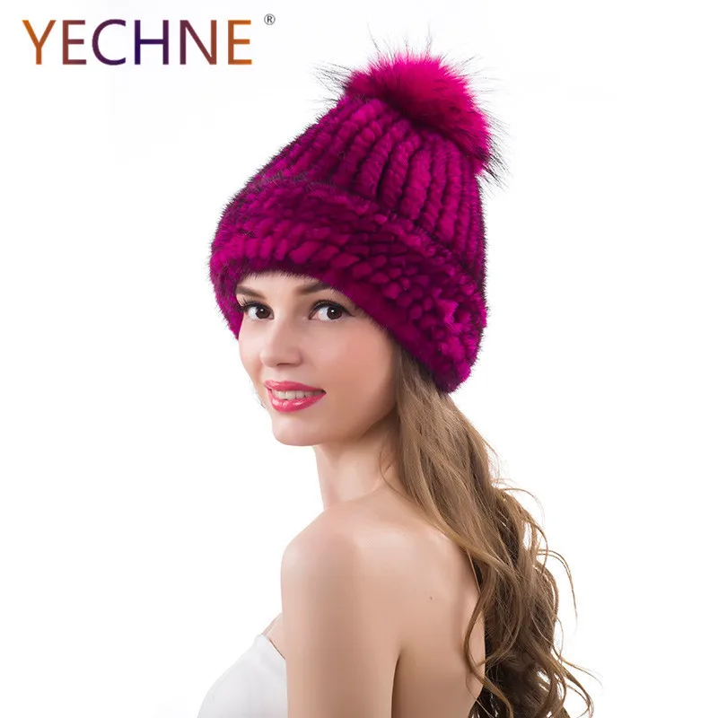 Женская зимняя вязаная шапка YECHNE из натурального меха норки|Женские Skullies и