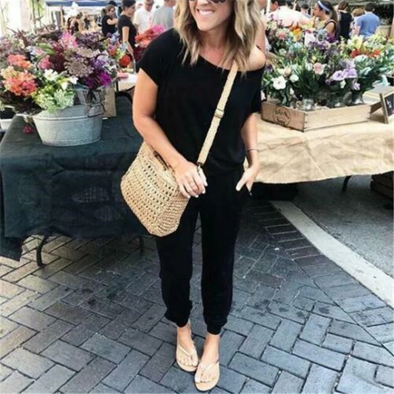 

New fashion casual women's personality slant shoulder strap loose long jumpsuit