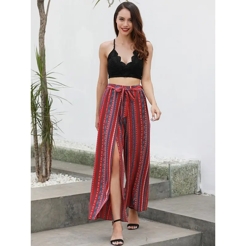 Новые Boho Широкие брюки женские летние модные красные с принтом милые Сплит