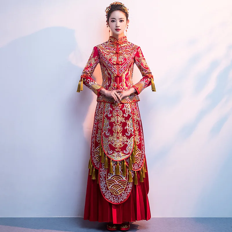 Лидер продаж красное атласное платье Cheongsam с вышивкой китайское свадебное для