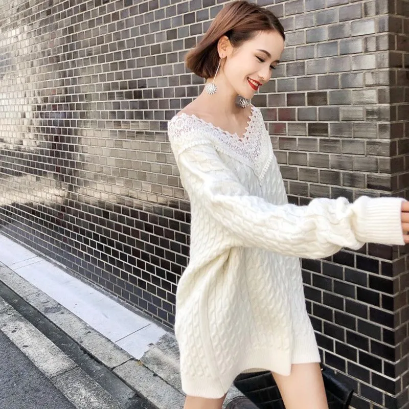 TWOTWINSTYLE Knitting Pullover Tops Female V Neck Patchwork Lace Long Sleeve Sweater Women Spring 2019 Korean Fashion Oversized | Женская