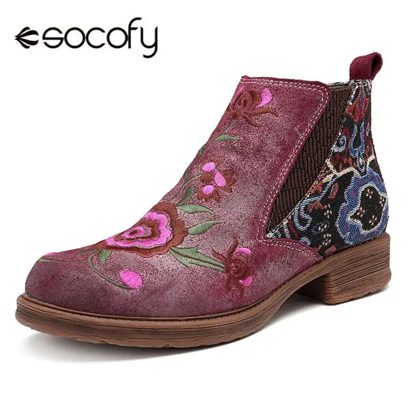 

Socofy Vintage Embroidery Flower Ankle Boots Women Shoes Woman Genuine Leather Splicing Zipper Casual Women Boots Botas Mujer
