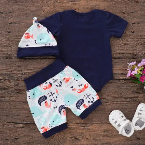 2019 Newborn Infant Baby Boy Top Romper Pants Hat Outfits Set Cotton Clothes |