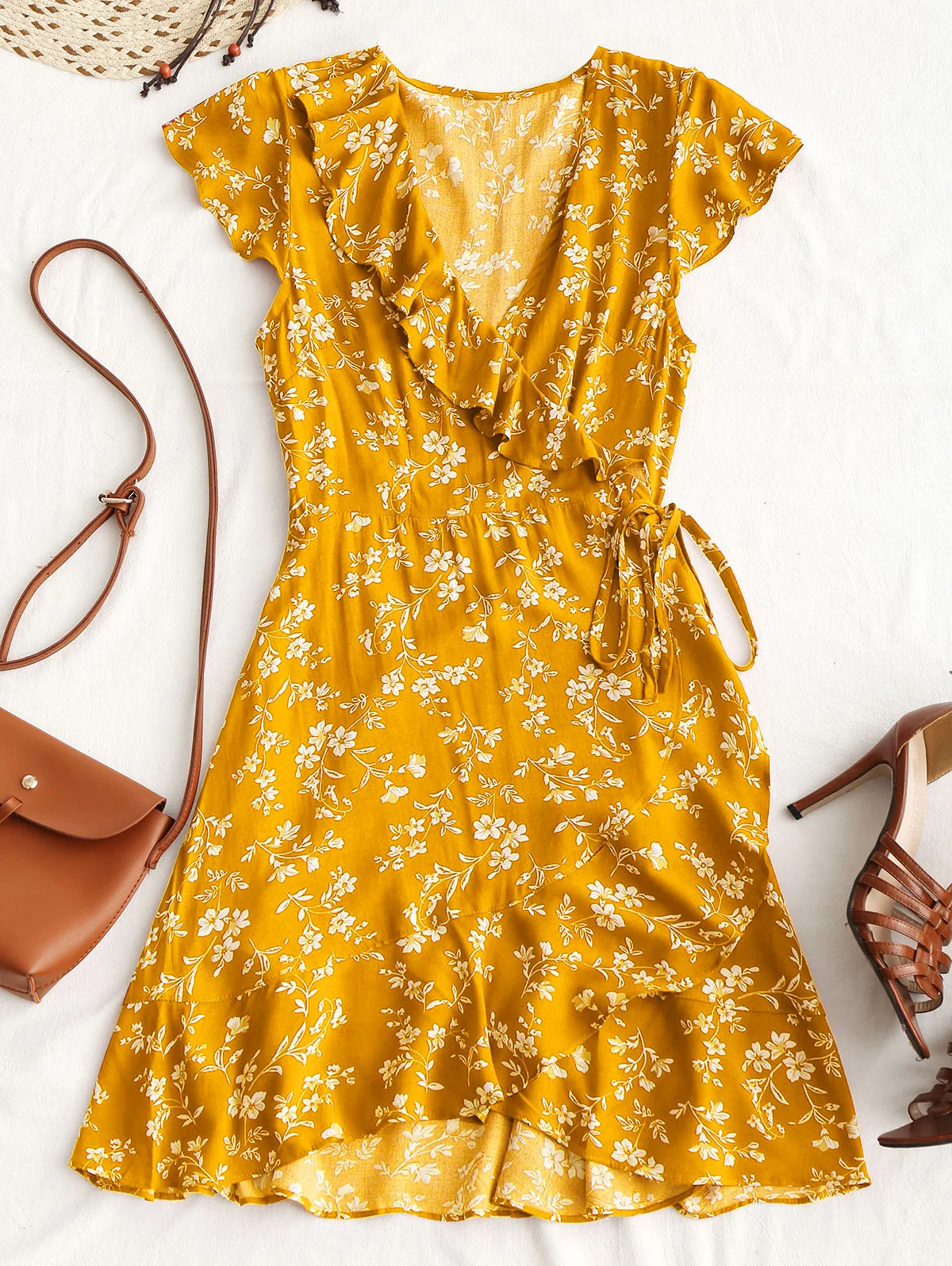 ZAFUL Летнее Платье Женщины Цветочные Рюшами Boho Мода V Шеи Повседневные Пляжные