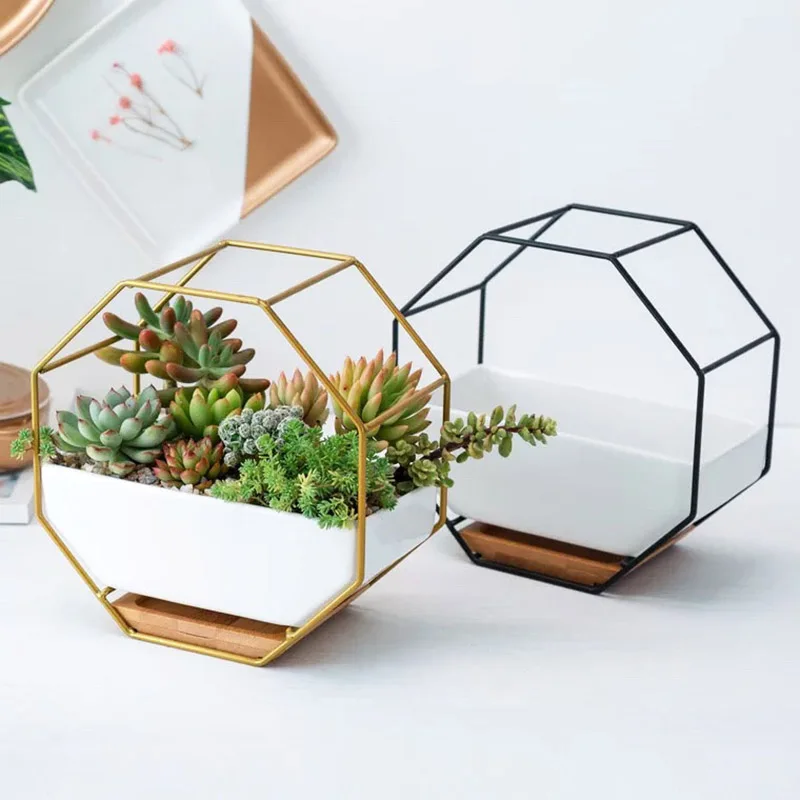 Minimalist Octagonal Geometric Wall Hanging Table Succulents Ceramic Flower Pot Bamboo Tray Iron Frame Set Crafts Gifts Black+|Цветочные