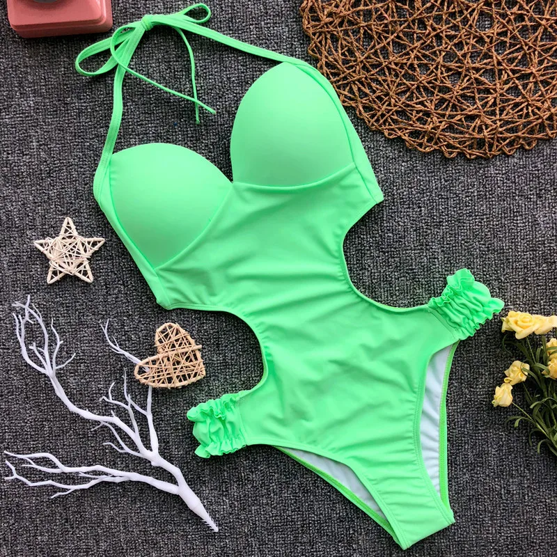 Женский слитный купальник с оборками и открытой спиной|Комбинезоны| |