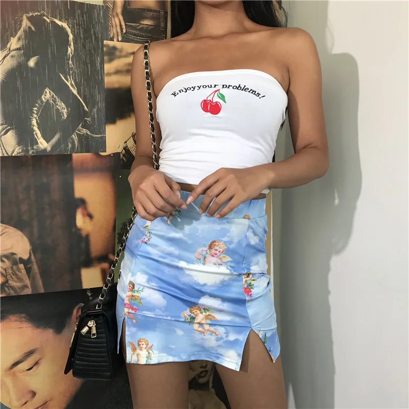 SUCHCUTE Angel Print, Сексуальная мини-юбка, Kawaii, высокая талия, юбки-карандаш, женская, с разрезом, с запахом сбоку, юбка, хлопок, летняя уличная одежда