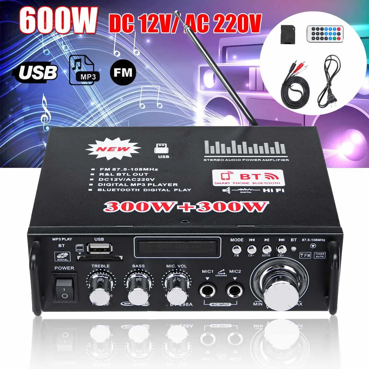 Автомобильный мини усилитель мощности KROAK 600 Вт 12 В 220 USB bluetooth Hi Fi стерео аудио