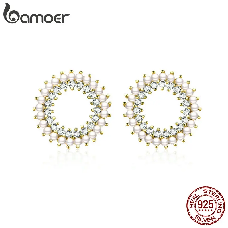 BAMOER, серебряные серьги с жемчугом, 925 пробы, серебряные, геометрические, круглые, серьги-гвоздики для женщин, Ушная Шпилька, Европейское ювелирное изделие, BSE070