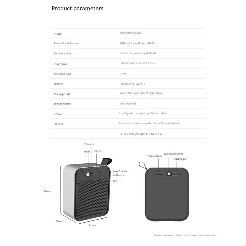 C8 Wireless Bluetooth Speaker Mini Portable Stereo Music Outdoor Handfree For Iphone Samsung Phones | Электроника