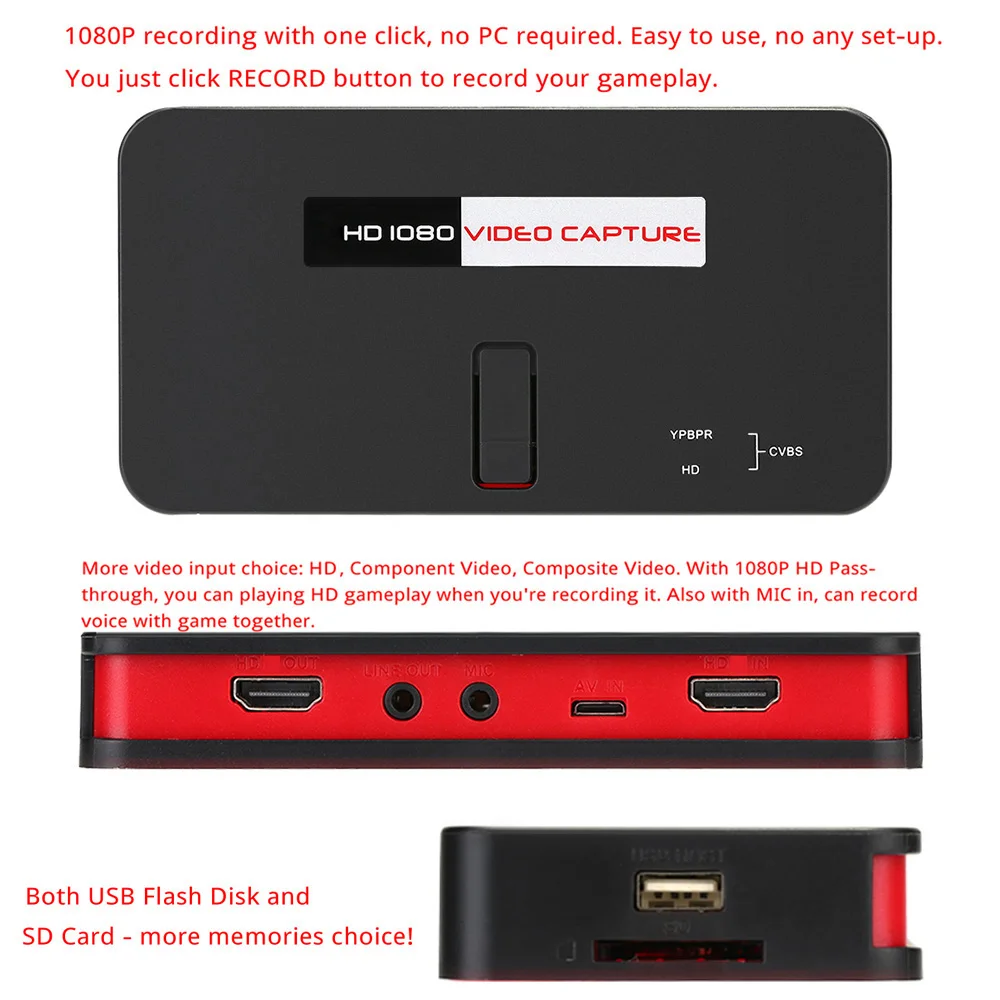 HD видео игра захват 1080P HD/YPbPr компонентный композитный рекордер в USB диск SD карта