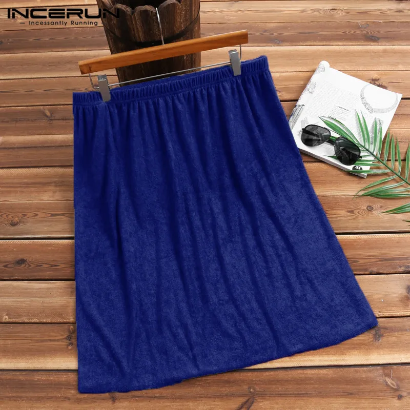 

INCERUN Men Soft Bathrobe Comfortable Homewear Solid Color Adult Men Bath Skirt Towel Robes Home Comfy Pockets Bathrobes Hombre