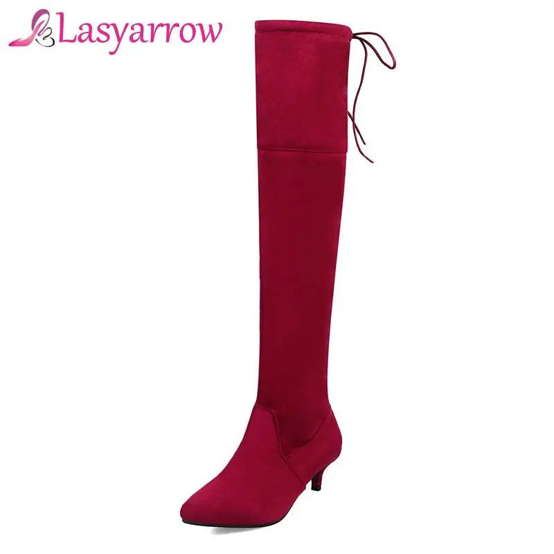 

Lasyarrow Women Winter Boots Low Heels Over The Knee Boots Pointy Toe Thin Heels Thigh High Boots Side Zipper Stretch Long Boots