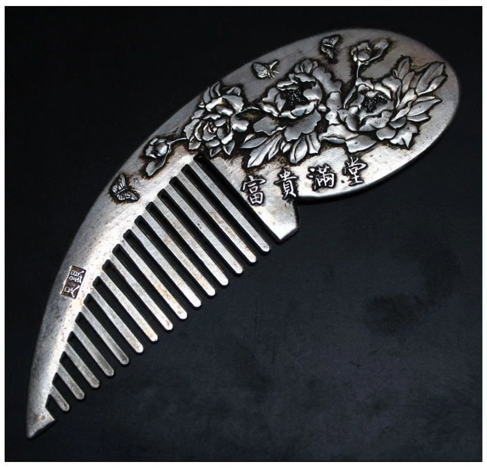 

Collectibles Handwork Tibet Silver Carved Flower Beautiful Wealth Comb