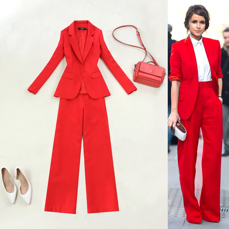 Professional two-piece women's  spring new OL temperament Slim big red one button suit jacket and wide leg trousers suit