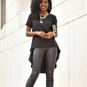 Женская летняя футболка, однотонная, свободная, с коротким рукавом, из шифона, с длинным подолом, S-5XL