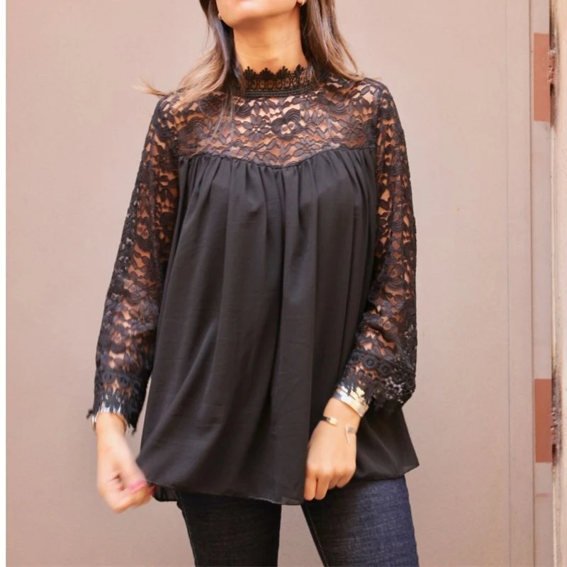 Модная женская однотонная Черная кружевная блузка рубашка открытая с длинным