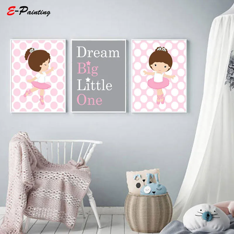 Baby Girl Nursery Art Prints Ballerina Dream Big Little One Pink and Grey Lovely Canvas Painting Pictures Kid Bedroom Poster | Дом и сад
